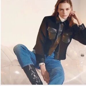 Sandro black boucle with leather trim cropped Jacket - Women 40 EUC